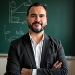 Dr Henrique Nunes Pêcego na frente de um quadro negro
