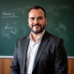 Dr Henrique Nunes Pêcego em frente a um quadro negro