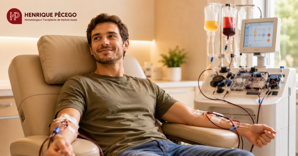 Doador de medula óssea sentado em poltrona durante a coleta de células-tronco por aférese, com o sangue passando pela máquina que separa as células