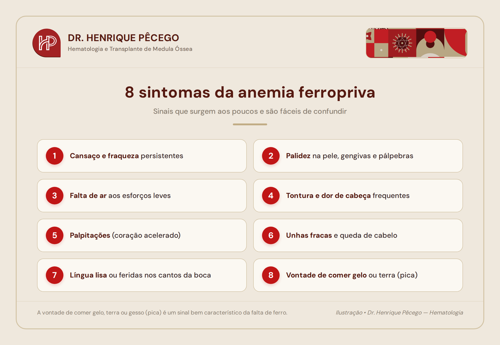 8 sintomas da anemia ferropriva: cansaço, palidez, falta de ar, queda de cabelo e vontade de comer gelo