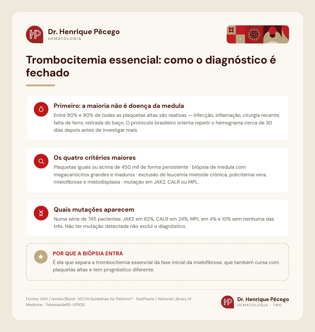 Infográfico: como o diagnóstico de trombocitemia essencial é fechado, com os quatro critérios maiores e as frequências de JAK2, CALR e MPL