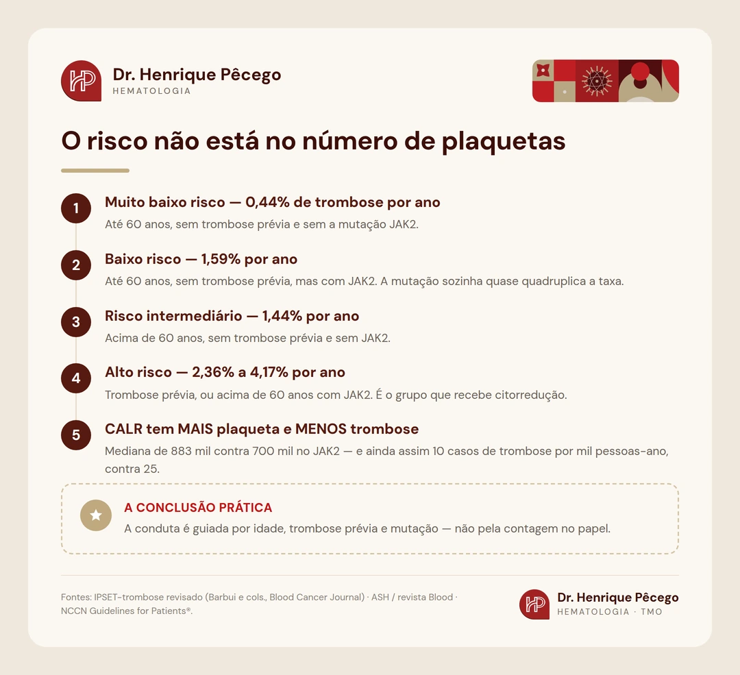 Infográfico: as quatro categorias de risco do IPSET-trombose revisado na trombocitemia essencial e as taxas anuais de trombose