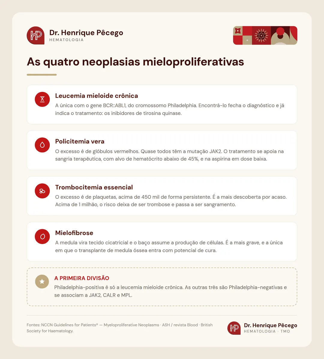 Infográfico: as quatro neoplasias mieloproliferativas — leucemia mieloide crônica, policitemia vera, trombocitemia essencial e mielofibrose
