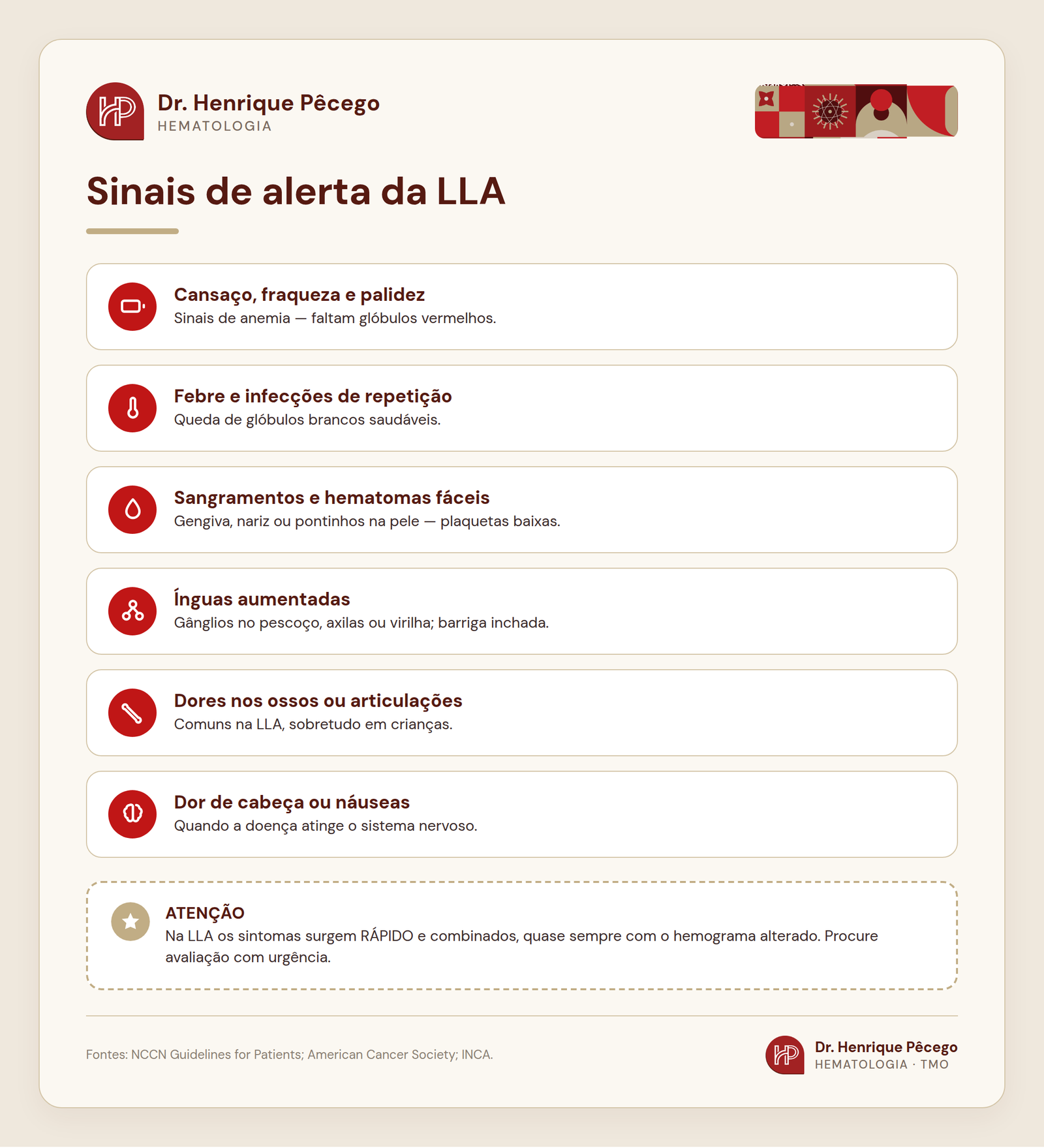 Infográfico com os sinais de alerta da leucemia linfoblástica aguda (LLA): cansaço, febre e sangramentos