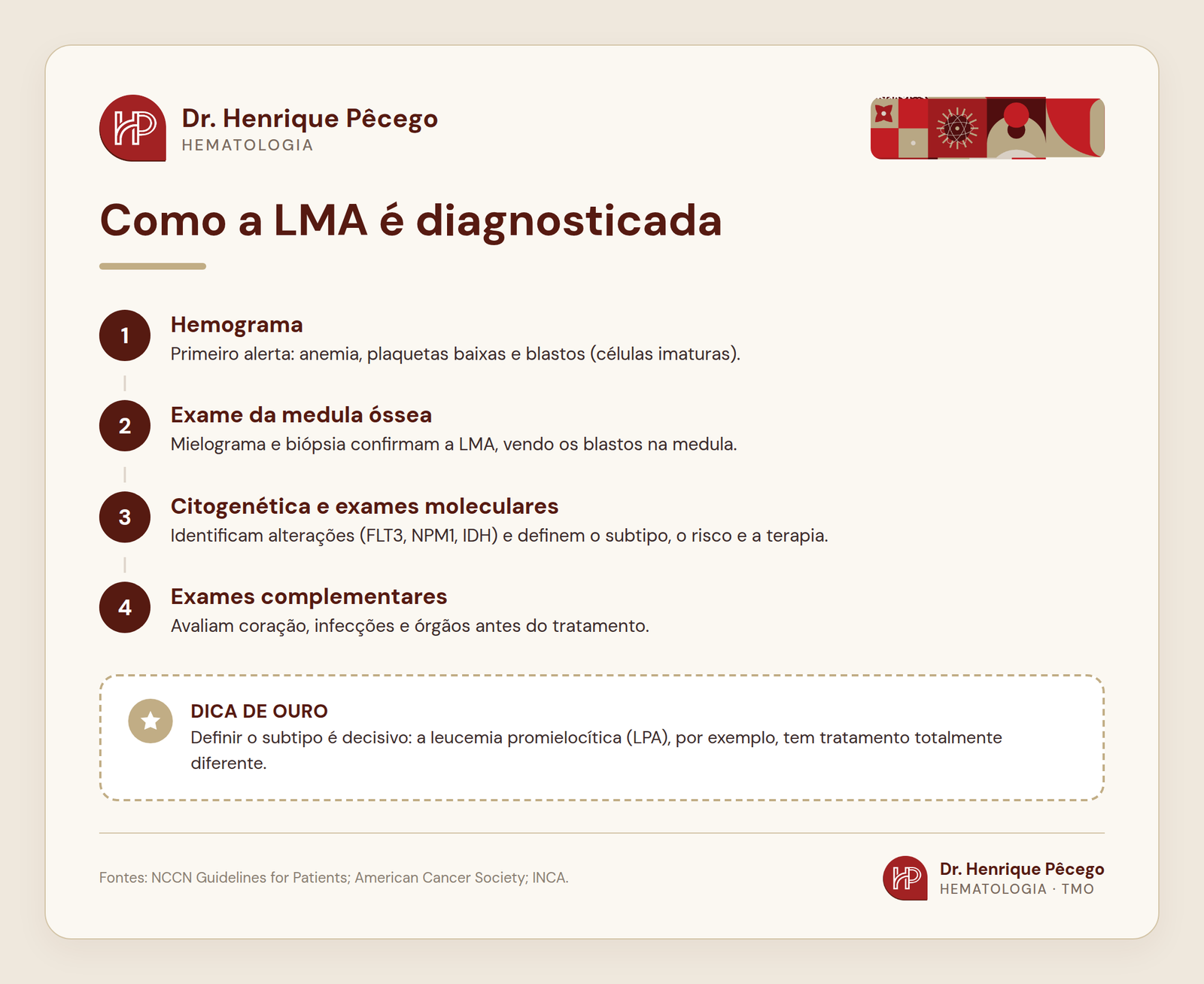 Infográfico de como a leucemia mieloide aguda (LMA) é diagnosticada: hemograma, medula óssea e citogenética