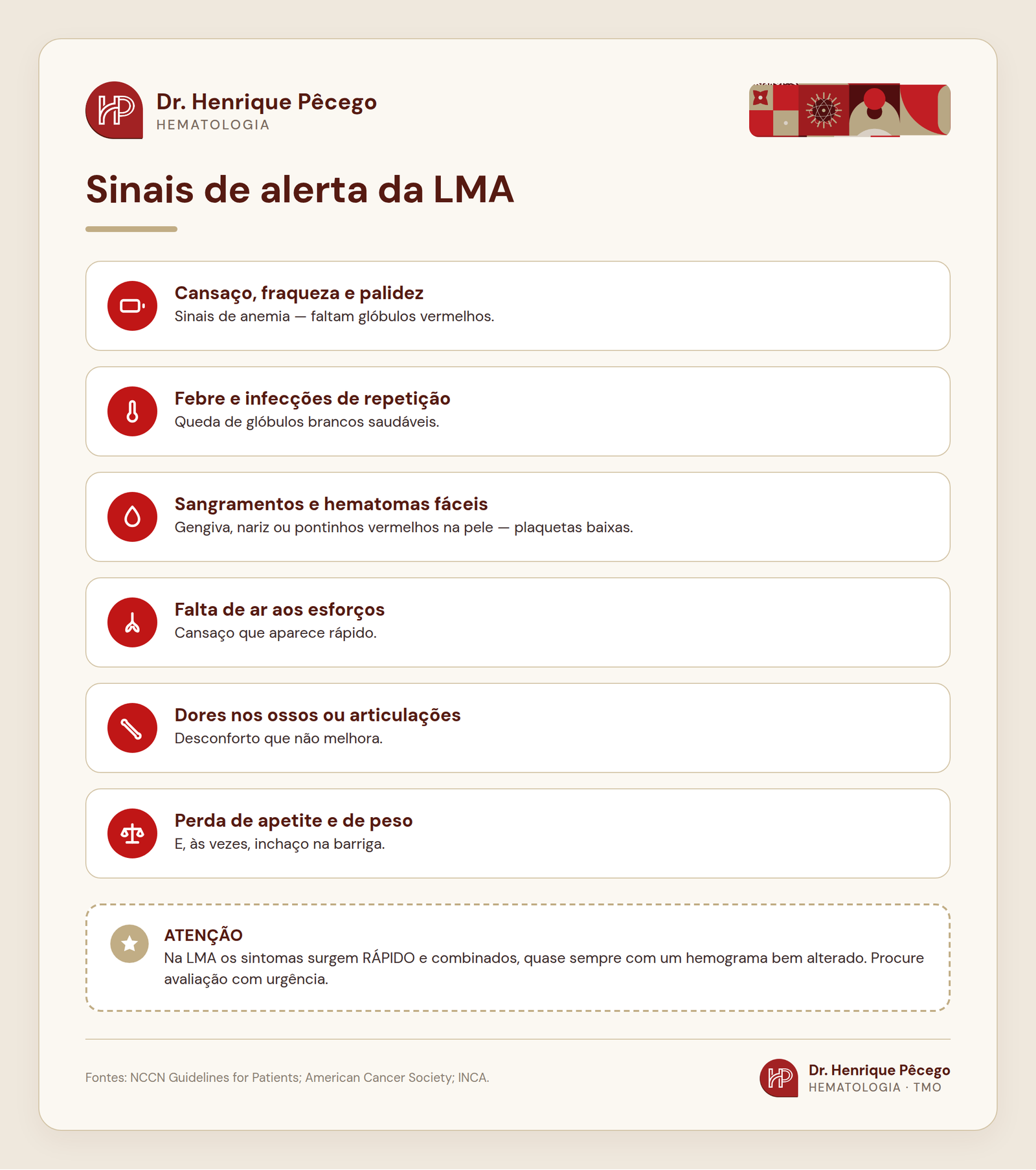 Infográfico com os sinais de alerta da leucemia mieloide aguda (LMA): cansaço, febre e sangramentos