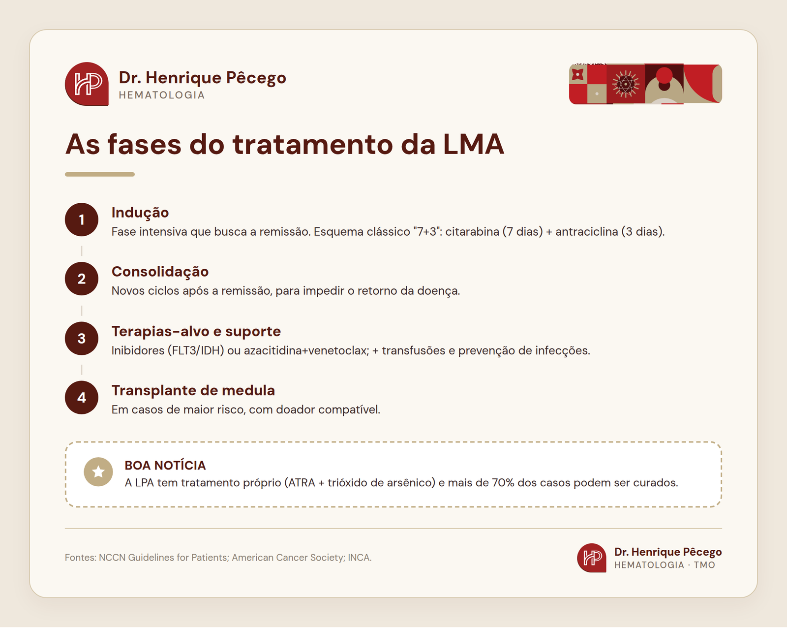 Infográfico das fases do tratamento da leucemia mieloide aguda (LMA): indução, consolidação e transplante