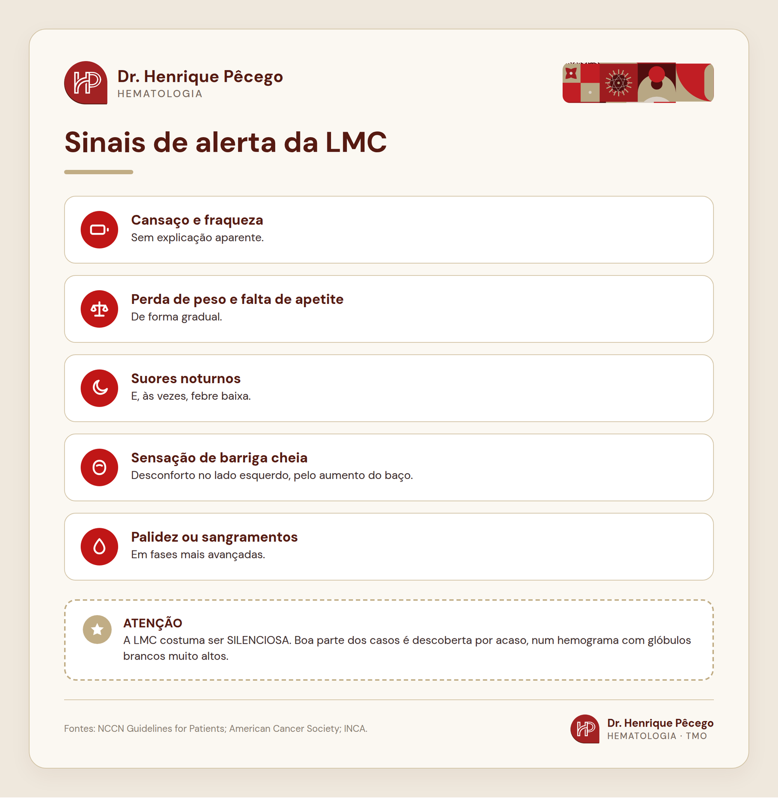 Infográfico com os sinais de alerta da leucemia mieloide crônica (LMC): cansaço, perda de peso e suores noturnos