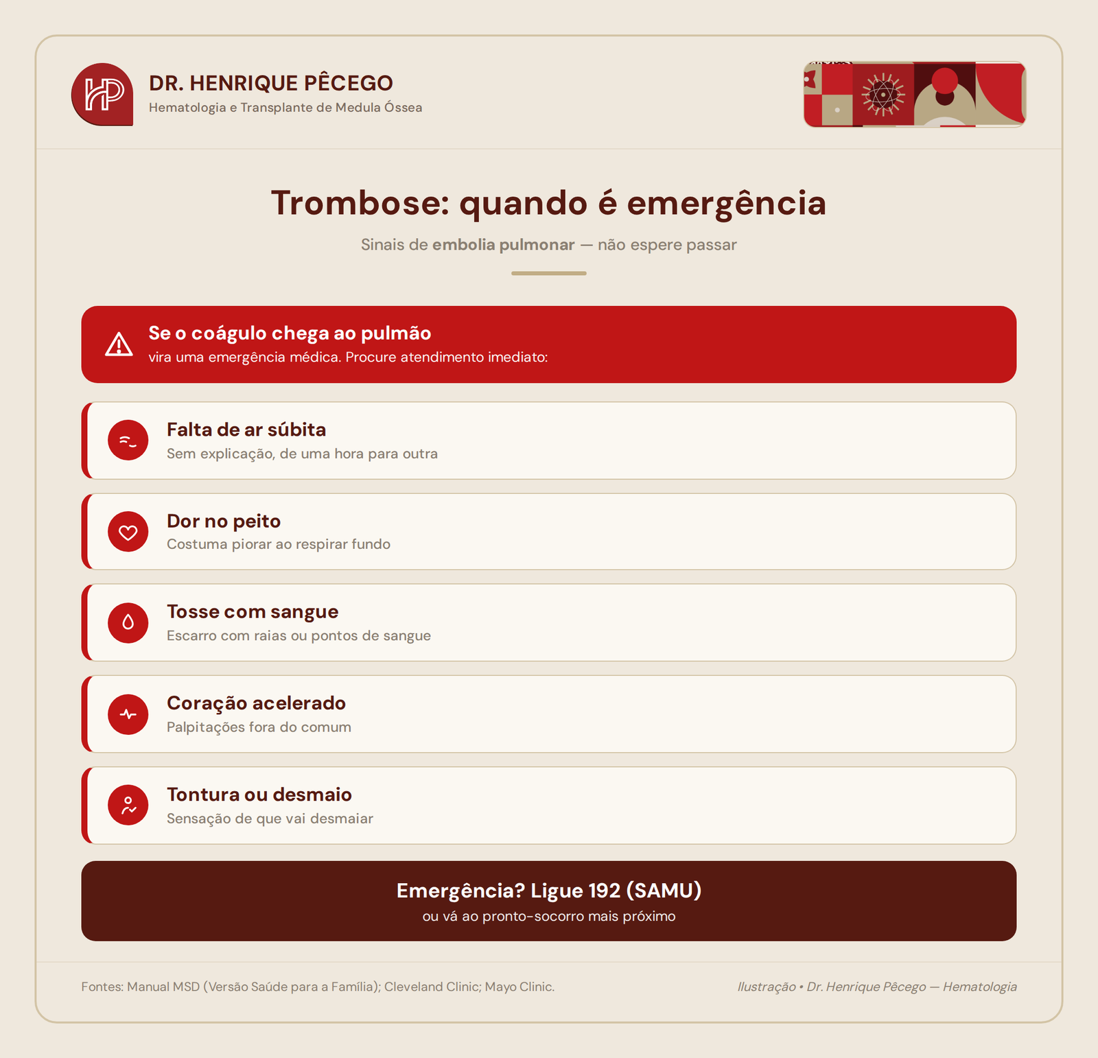 Infográfico sobre quando a trombose é emergência, com os sinais de embolia pulmonar