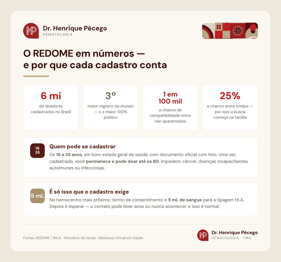 O REDOME em números: quase 6 milhões de doadores, terceiro maior registro do mundo, chance de 1 em 100 mil entre não aparentados e 25% entre irmãos