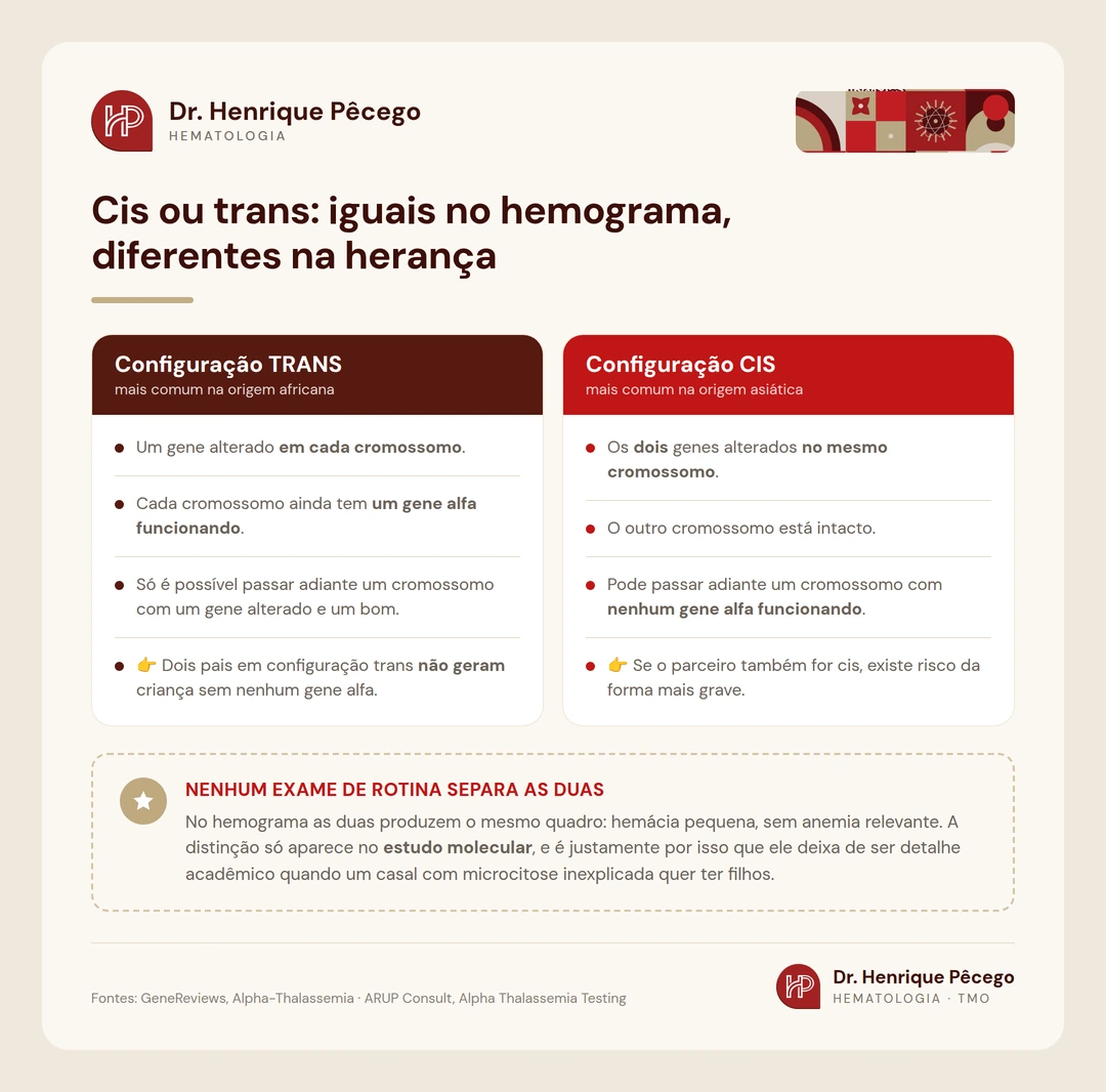 Comparação entre as configurações cis e trans da alfa talassemia e o que cada uma significa para o risco dos filhos