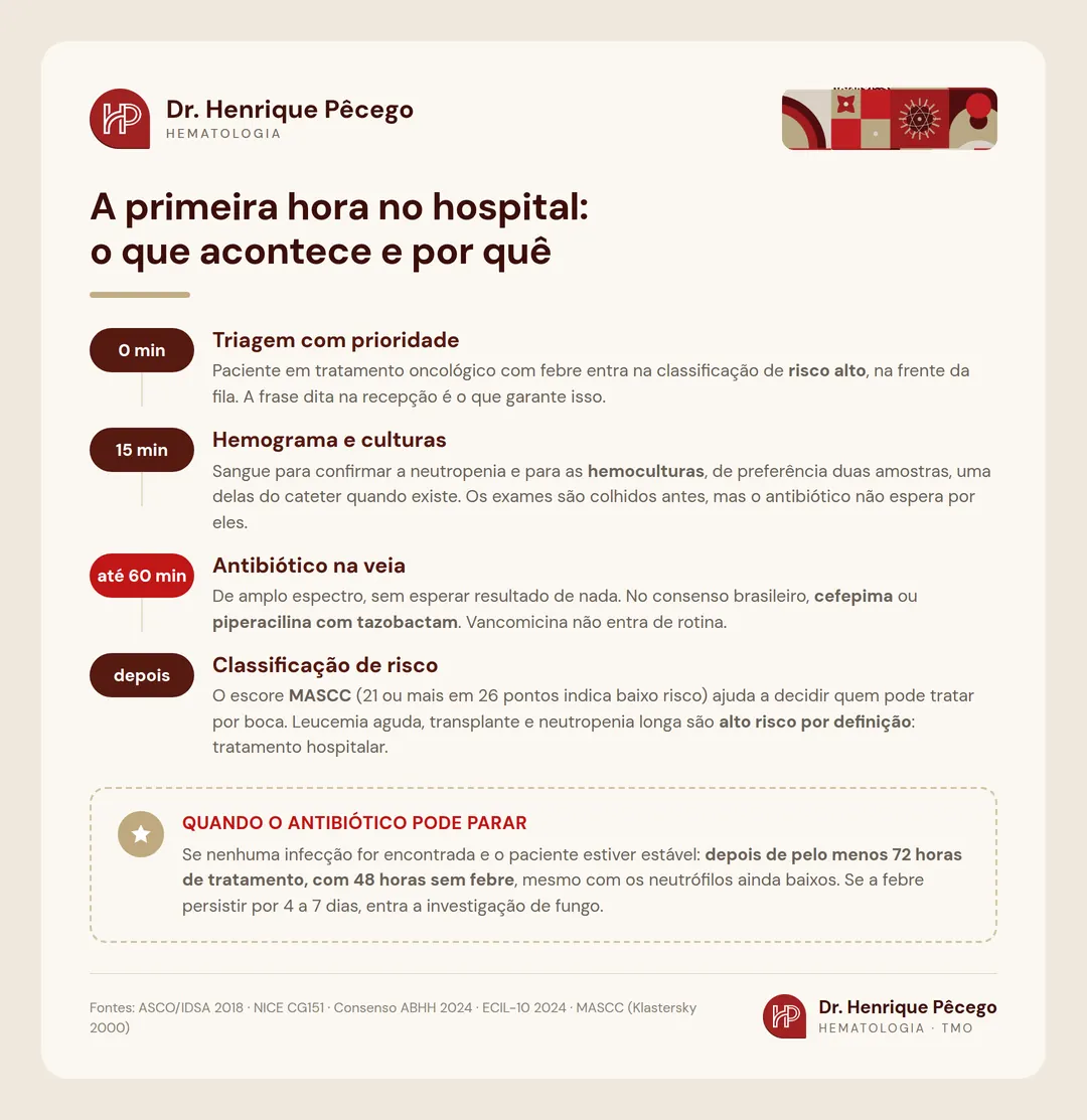 Infográfico: a primeira hora da neutropenia febril no hospital